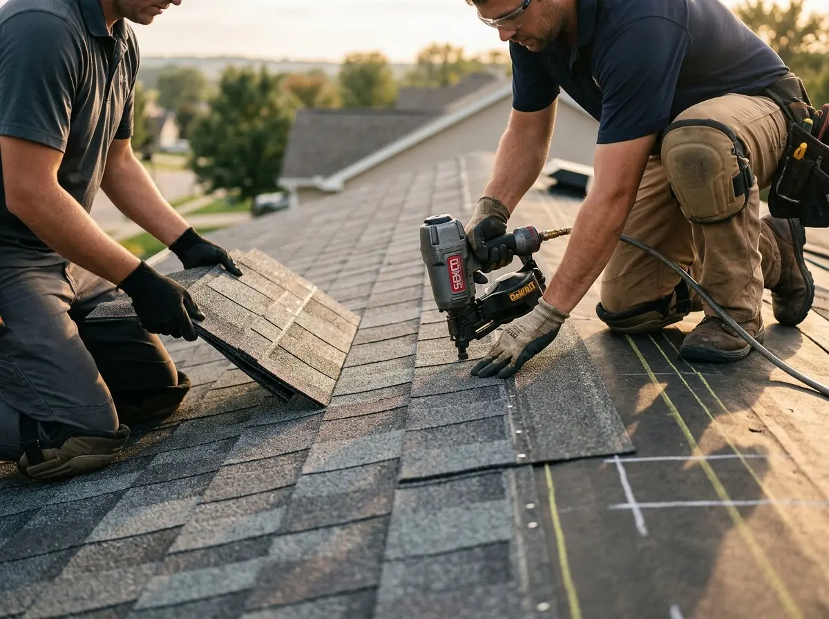 Professional roofer working on a residential roof in Seagoville